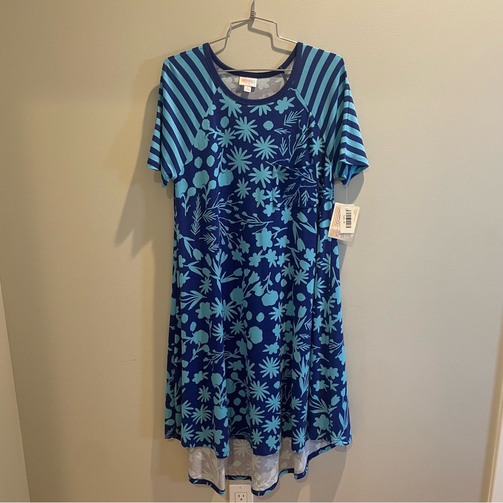 LuLaRoe Carly hi low pocket dress size medium NWT blue floral stripe